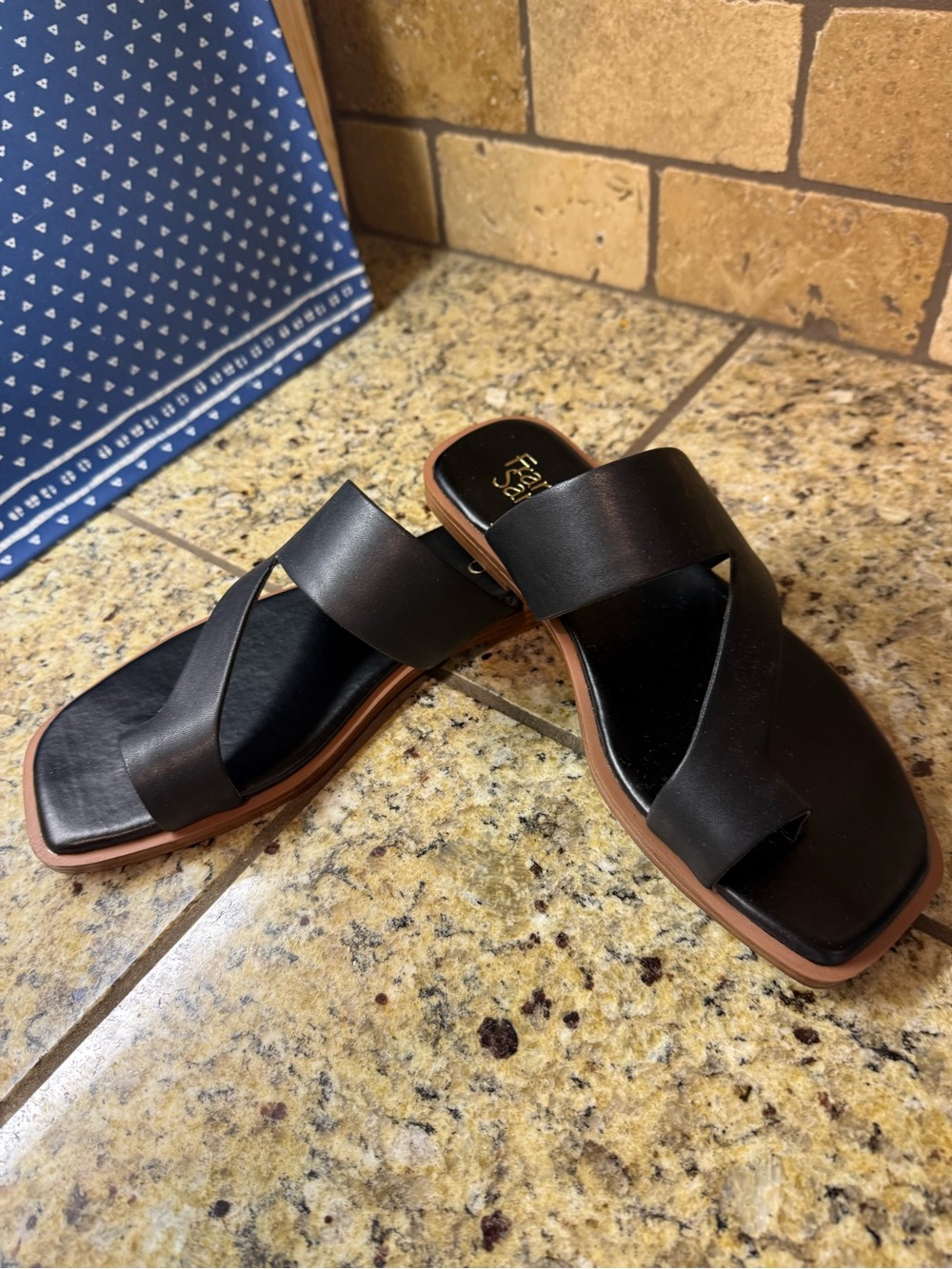 Franco Sarto Black Leather Slide Sandals with Tan Sole Edge - Picture 6 of 7